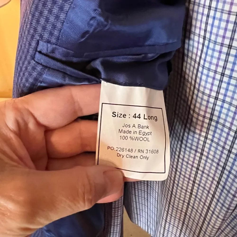 EUC Men's Jos. A. Bank Navy Gingham Check Sport Coat Blazer Jacket‎ 44L 44 Long